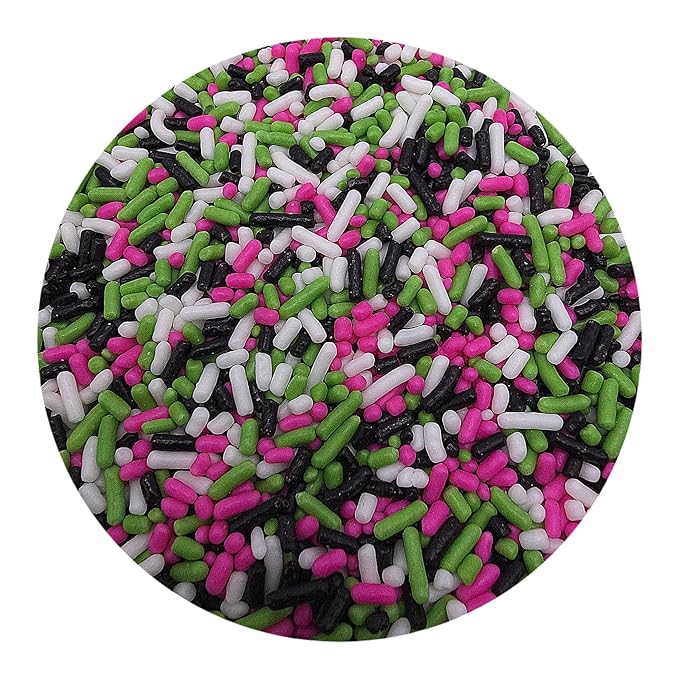 NCS Pink, Black, Lime Green, and White Jimmies Edible Sprinkles, 8 ounces - Great for Cupcakes, Cookies, Cakes, Cakes Pops, Donuts
