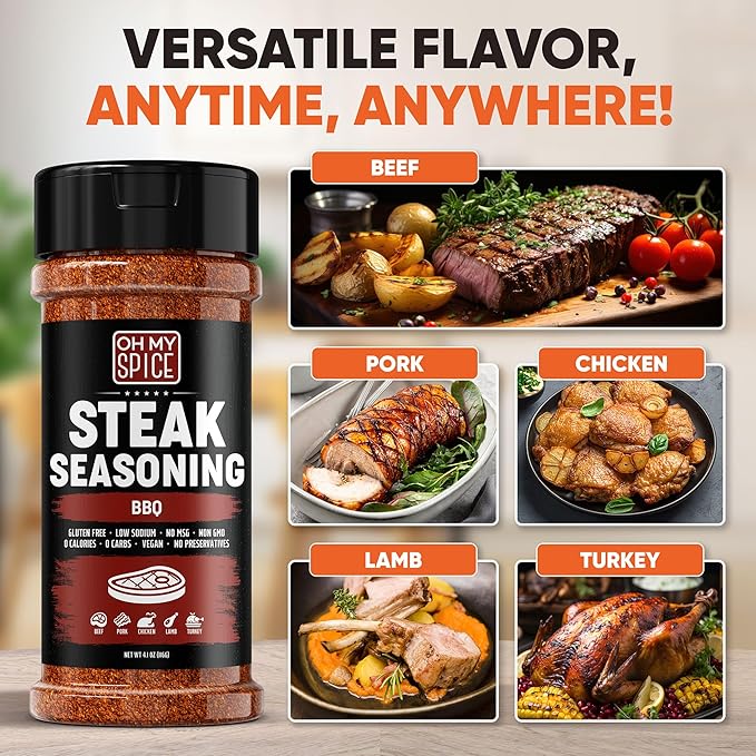 Steak Seasoning BBQ Rub Mix - Gluten Free & Low Sodium Meat Seasonings for Beef, Rib & Ribeye. Steak Seasoning for Grilling. BBQ Seasonings for Cooking. Steaks Salt Blend. Smoking Steaks Rubs. 4.1oz