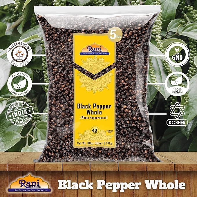 Rani Black Pepper Whole (Peppercorns), Premium MG-1 Grade 80oz (5lbs) 2.27kg Bulk ~ All Natural | Gluten Friendly | Non-GMO | Kosher | Product of Vietnam | Perfect size for Grinders!