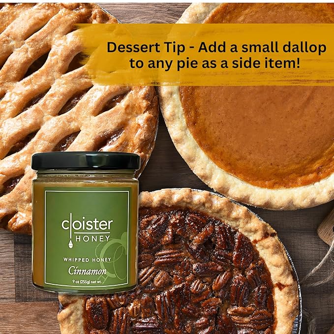 Cloister Honey Whipped Honey - Cinnamon (9 oz) | Hand Crafted | Raw Artisan Honey | 100% Pure, Raw & Unfiltered | All Natural | Made in USA |