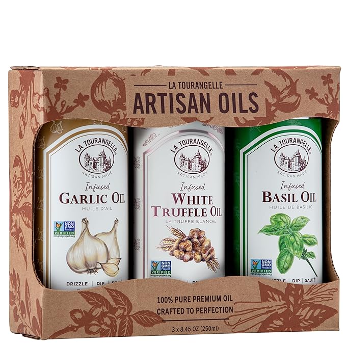 La Tourangelle, Infused Trio of Oils - Basil Oil, Garlic Oil, White Truffle Oil,Complex Gourmet Earthy Flavor for Drizzling over Pasta, Popcorn, Vegetables, Potatoes, Soup and More, 8.45 Fl Oz (Set of 3)