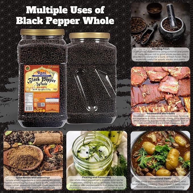 Rani Black Pepper Whole (Peppercorns), Premium MG-1 Grade 80oz (5lbs) 2.27kg Bulk PET Jar ~ All Natural | Gluten Friendly | Non-GMO | Kosher | Product of Vietnam | Perfect size for Grinders!
