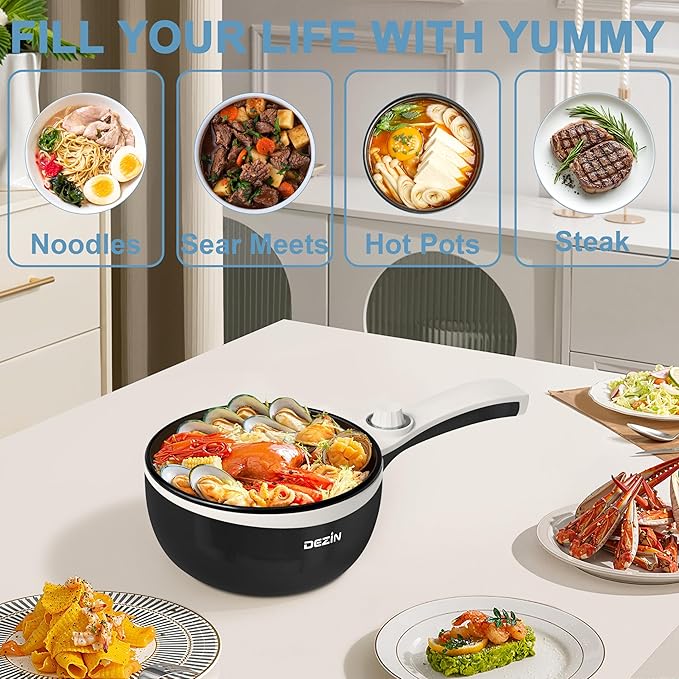 Dezin Hot Pot Electric Upgraded, Non-Stick Saut챕 Pan, Rapid Noodles Electric Pot, 1.5L Mini Portable Hot Pot for Steak, Egg, Fried Rice, Ramen, Oatmeal, Soup with Power Adjustment