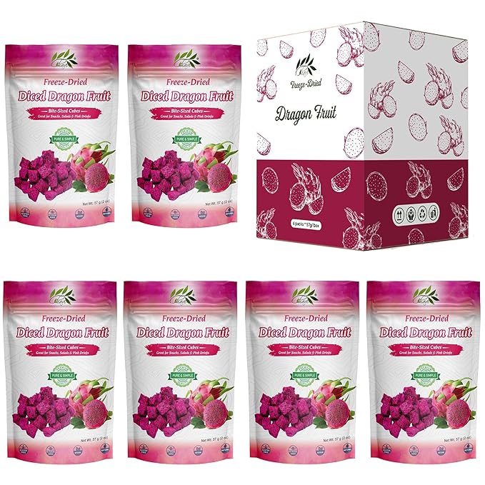 CHAVI Freeze-Dried Diced Dragon Fruit Snack | 12 oz | Pack of 6 x 2 oz - Healthy 1 Ingredient Superfood - No Added Sugars or Preservatives - Non-GMO, Vegan, Gluten-Free