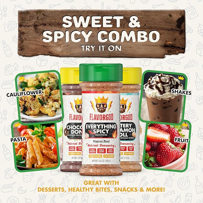 Sweet & Spicy Combo Pack of 3, Spices, Toppers and Seasoning Gift Set - Everything Spicy, Buttery Cinnamon Roll & Chocolate Donut - Premium All Natural & Healthy Spice Blend - Flavor God Seasonings