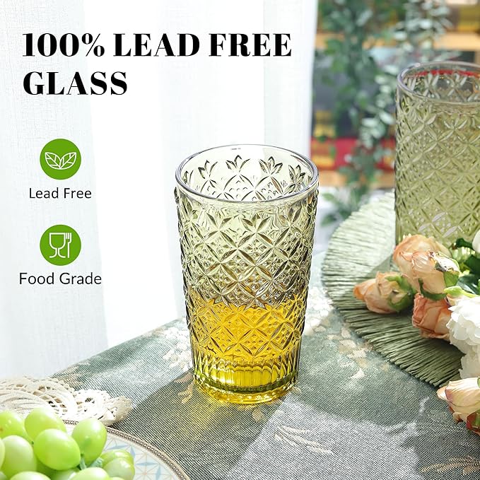 Joeyan Green Vintage Drinking Glasses,Embossed Water Glass Cups,Colored Highball Glass Tumblers,Decorative Elegant Glassware Cups for Beverages Juice Cocktail Beer,14 oz,Set of 4,Dishwasher Safe
