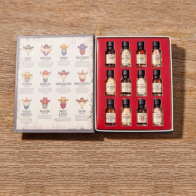 Thoughtfully Gourmet, Wild Western-Themed BBQ Sauce and Rubs Book Gift Set, Includes Honey, Montreal Rub & More, Set of 12