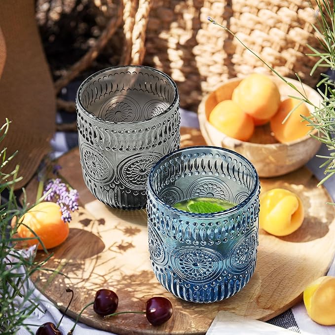 Joeyan Vintage Drinking Glasses Set of 4,9 oz Embossed Sunflower Small Water Glass Tumbler Cups,Colored Romantic Beaded Glassware for Beverages Cocktail Juice Wine,Multicolor,Dishwasher Safe