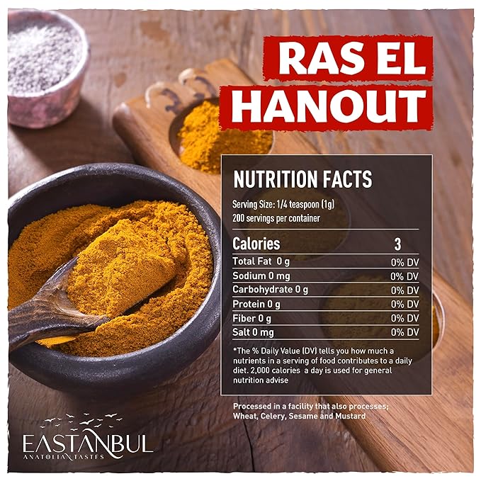 Eastanbul Ras El Hanout Spice, 7.1oz, Meat Seasoning, All-in-One Ras El Hanout Moroccan Spice Blend, North African Baharat Blend, Farm Fresh International Seasonings, Low Sodium, No MSG, No Filler