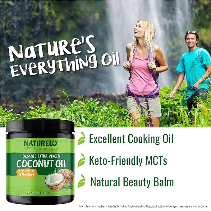 NATURELO Coconut Oil - Multi-Purpose Extra Virgin Coconut Oil for Skin, Organic Oil for Cooking, Unrefined Oil for Hair 32 oz