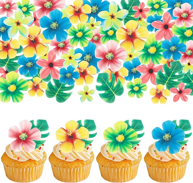83 PCS Edible Tropical Palm Leaves and Hawaii Flowers Cupcake Toppers Edible Flowers Cupcake Picks Hawaii Theme Cake Decorations for Jungle Theme Birthday Party Wedding Cake Decoration Supplies