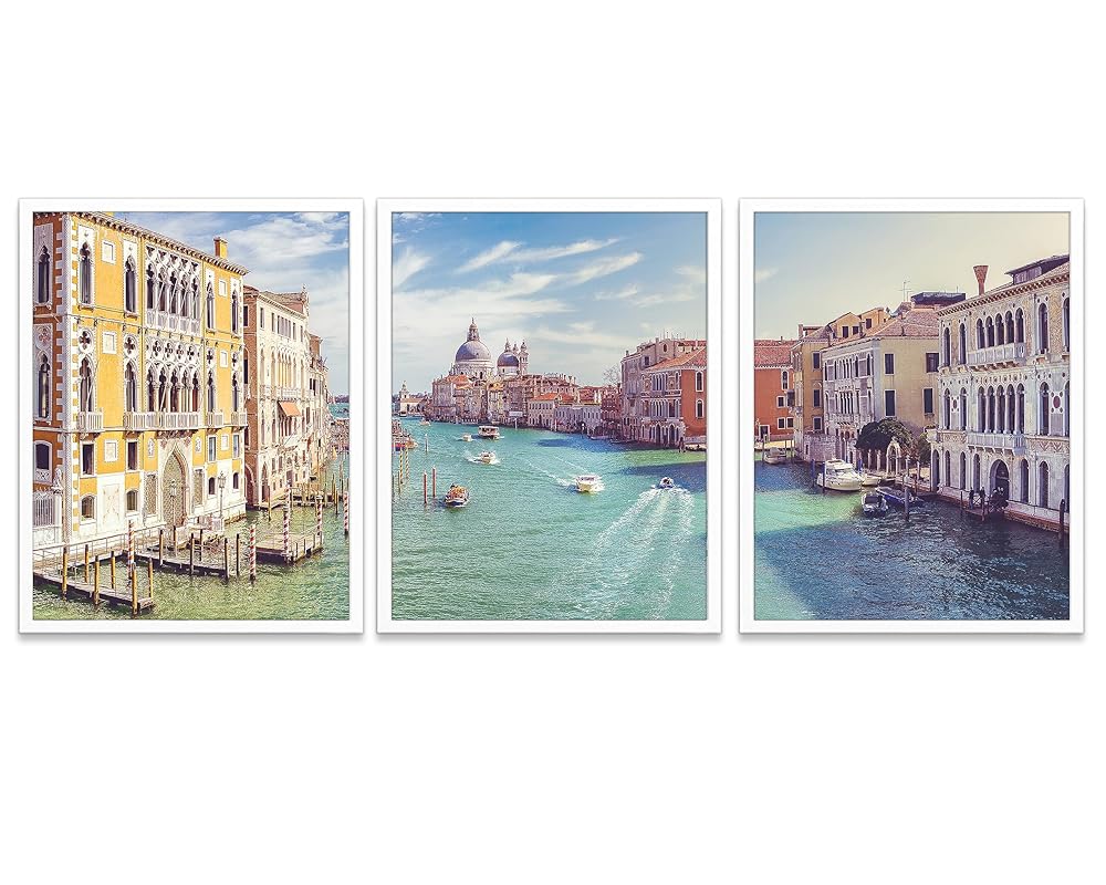 Venice Panoramic Photography Prints, Unframed, Set of 3, Boats, Canal, Coastal Home and Wall Decor, All Sizes (8x10)