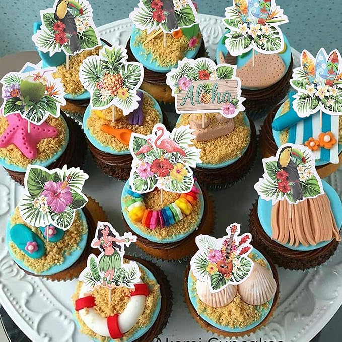 Rsstarxi 36 Pack Tropical Hawaii Cupcake Toppers Tropical Flamingo Guitar Hula Aloha Cupcake Picks for Summer Hawaii Luau Beach Theme Baby Shower Wedding Birthday Party Cake Decorations