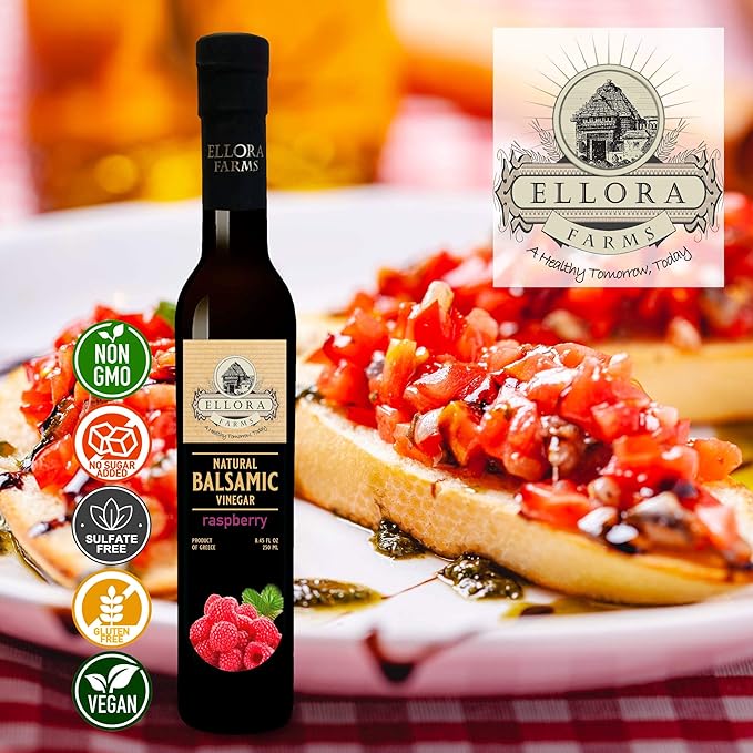 Ellora Farms, Raspberry Balsamic Vinegar, Thick and creamy, Barrel aged, No-added sugar, Award Winning, Glass bottle, 8.45 oz., Pack of 1