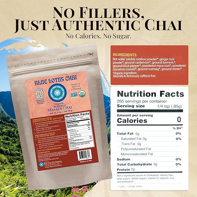 Blue Lotus Chai ??Organic Rooibos Masala Chai - Makes 265 Cups ??Caffeine-Free, No Steeping, No Gluten - 8 Ounce Masala Chai Powder with Organic Spices ??Authentic Indian Tea
