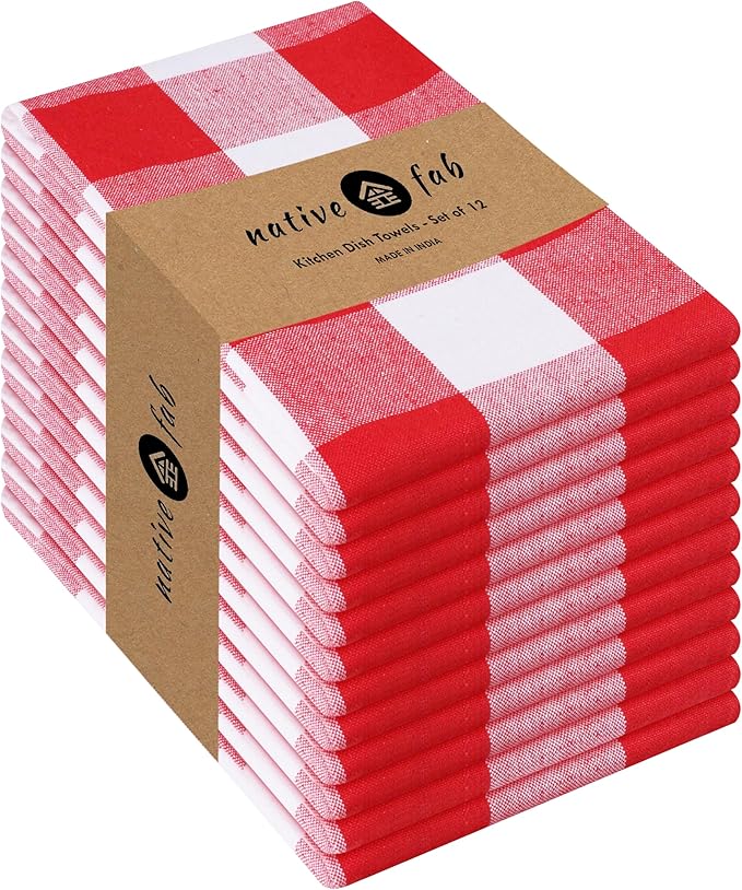 Native Fab 12-Pack Kitchen Towel with Hanging Loop 16x26 inches, Cotton Buffalo Check Kitchen Towels for Cleaning Drying, Washcloths Soft & Absorbent Cloth Rags, Bar Towel, Dish Cloth, Red