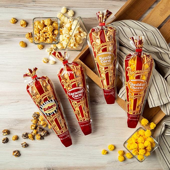 Popcornopolis Gourmet Popcorn Mini Cones Variety Pack ??10 Each of Zebra, Cheddar Cheese, Caramel & Kettle Corn Popcorn, Great for Gifting, Parties & Snacks, (40-Count Case)