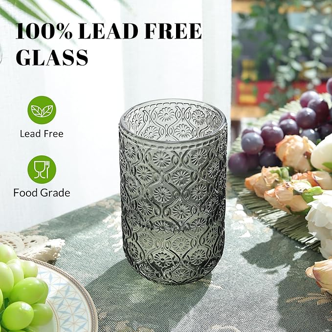 Joeyan Vintage Drinking Glasses,Embossed Floral Highball Glass Water Tumbler,14 oz Colored Beverages Juice Cocktail Beer Wine Glassware Cups,Set of 4,Dishwasher Safe