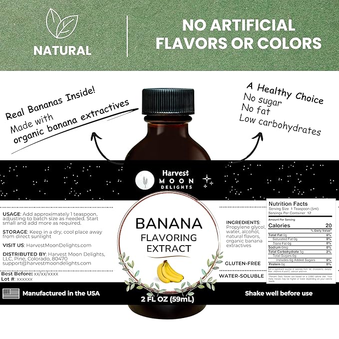 Natural Banana Extract - 2 oz - Water-Soluble - By Harvest Moon Delights - Banana Extract for Baking, Ice Cream, Drinks, and Candy - Sugar Free