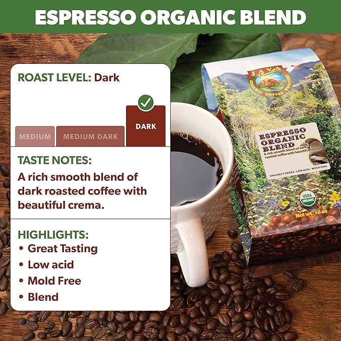 Low Acid Organic Coffee ??Whole Bean, Mold-Free & Stomach Friendly by Java Planet, Espresso Blend Coffee, Dark Roast, Smooth Full Flavored, 5LB Bag