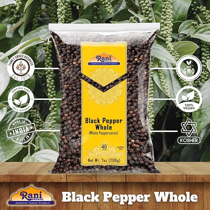 Rani Black Pepper Whole (Peppercorns), Premium MG-1 Grade 7oz (200g) ~ All Natural | Gluten Friendly | Non-GMO | Kosher | Product of Vietnam | Perfect size for Grinders!