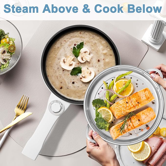Dezin Hot Pot Electric with Steamer Upgraded, Non-Stick Saut챕 Pan, Rapid Noodles Electric Pot, 1.5L Mini Pot for Steak, Egg, Fried Rice, Ramen, Oatmeal, Soup with Power Adjustment