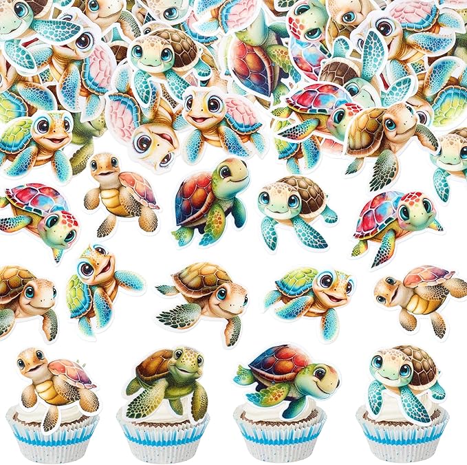 40 PCS Edible Turtles Cupcake Toppers for Baby Wafer Paper Sea Animals Baby Shower Party Picks for Drink Topper Sea Animals Theme Baby Shower Kids Birthday Party Supplies
