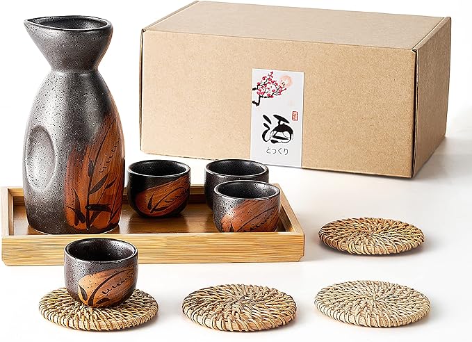 RECEESOON 10 Piece Traditional Japanese Sake Set with Tray, Korean Soju Glass, Black Sake Cups, Saki Cup Set, Japanese Gifts Set