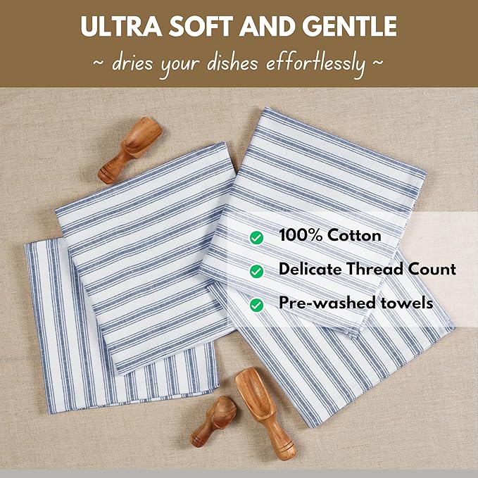 Native Fab 4 Pack Farmhouse Modern Stripe Kitchen Dish Towels Cotton Super Absorbent Quick Drying Reusable 18x26 Inches - Bar Hand Towels, Kitchen Cleaning Towels with Hanging Loop, Navy Blue