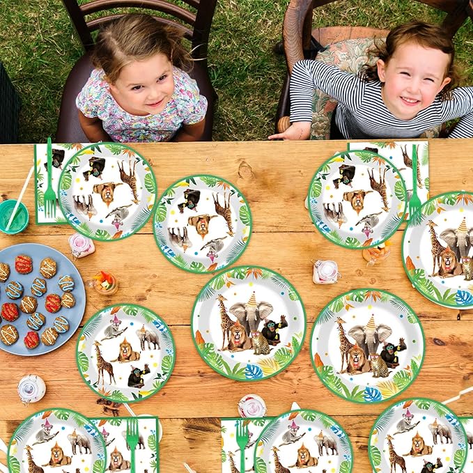 96Pcs Jungle Birthday Party Plates and Napkins Safari Animals Themed Party Decorations Jungle Theme Party Disposable Tableware Set for 24 Guests Wild Animals Gold Safari Zoo Birthday Favors Supplies