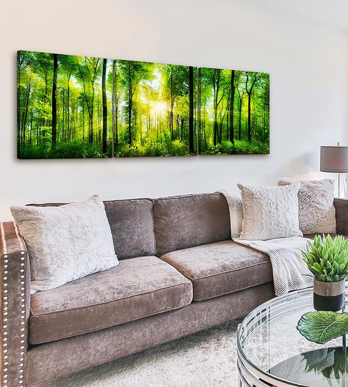 Forest Wall Art Decor - Large Canvas Art 24x72 - 3 Panel Green Nature Print - Forest Picture of Trees Wall Art - Landscape Nature Canvas Wall Art for Living Room, Bedroom & Office