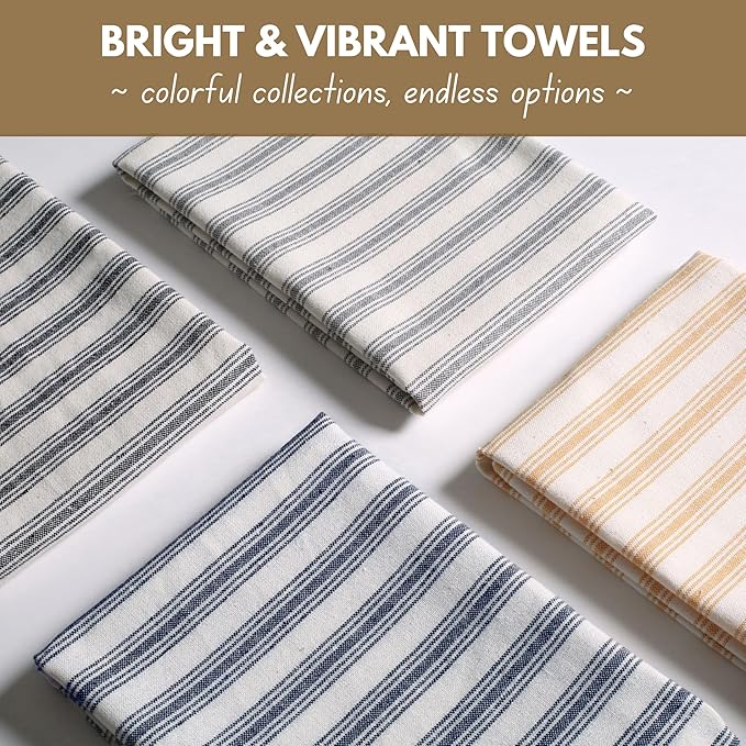 Native Fab 4 Pack Farmhouse Modern Stripe Kitchen Dish Towels Cotton Super Absorbent Quick Drying Reusable 18x26 Inches - Bar Hand Towels, Kitchen Cleaning Towels with Hanging Loop, Zaha Black