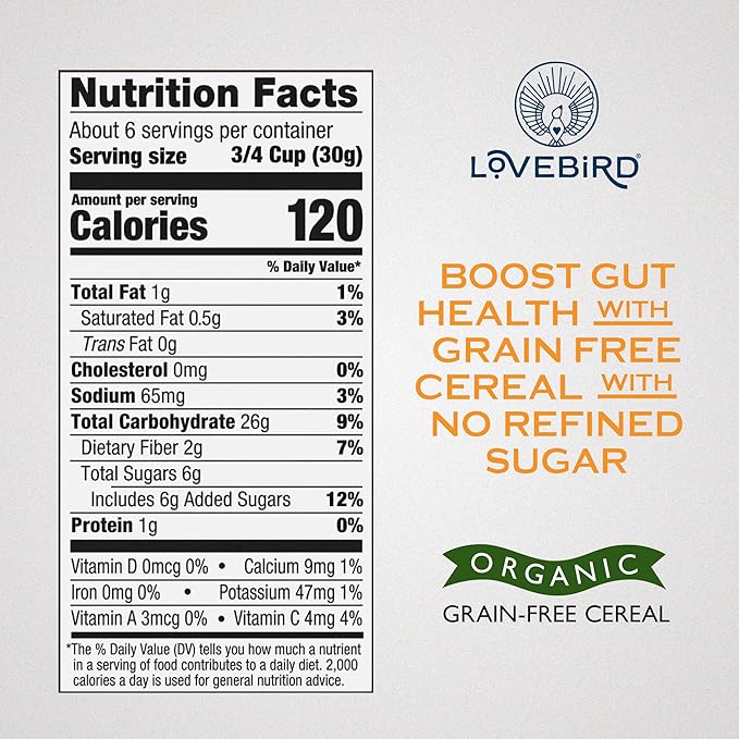 Lovebird Organic Gluten Free Cereal, Honey Flavor ??Prebiotic Fiber, Gut Health, Low Sugar, Grain Free, Breakfast or Snack ??Healthy Cereal Made With Real Food, 3 Pack, Kids & Adults