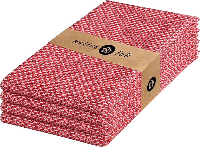 Native Fab 4 Pack Dotted Pattern Kitchen Dish Towels Cotton Super Absorbent Quick Drying Reusable 18x26 Inches - Bar Hand Towels, Kitchen Cleaning Towels with Hanging Loop, Red