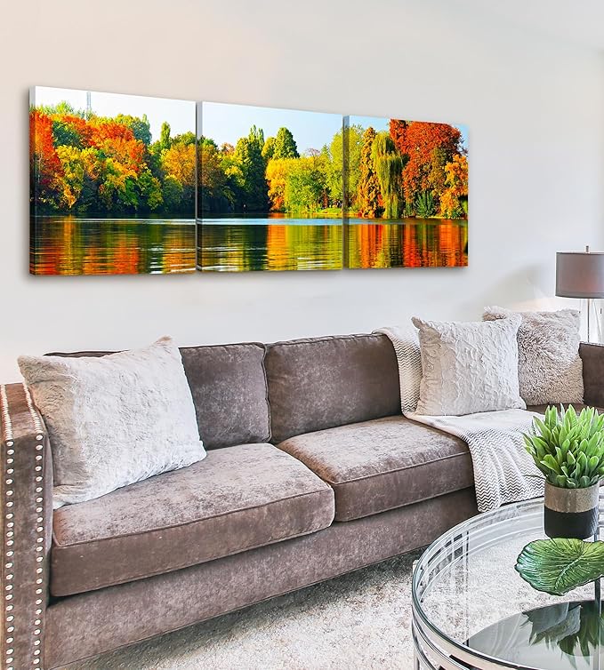 Fall Forest Lake Landscape Canvas Wall Art Decor - 24x24 3 Piece Set (Total 24x72 inch) - Large Decorative & Modern Multi Panel Split Prints for Dining & Living Room, Kitchen, Bedroom & Office