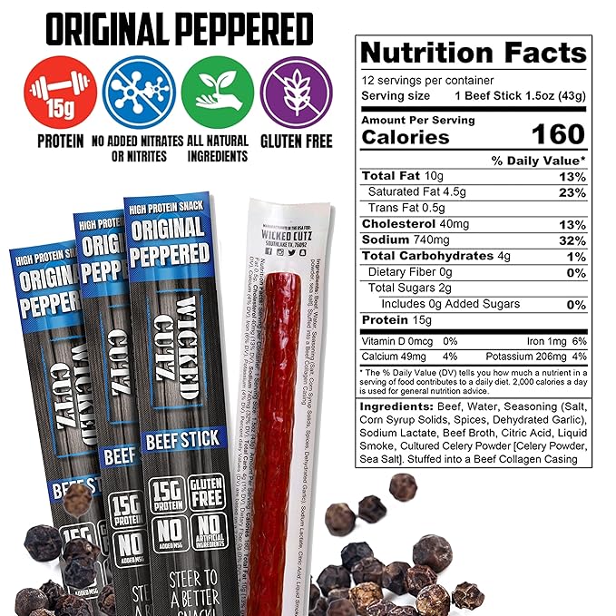 Wicked Cutz Beef Sticks Variety Pack, 4 Flavors & 15g Protein Per Meat Stick, Tender & Easy to Chew USA Made High Protein Meat Sticks, Extra Large Beef Stick, Carnivore Snacks (48 Pack)