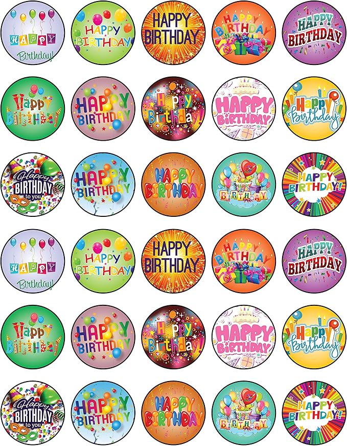 30 x Edible Cupcake Toppers Themed of Happy Birthday Collection of Edible Cake Decorations | Uncut Edible on Wafer Sheet