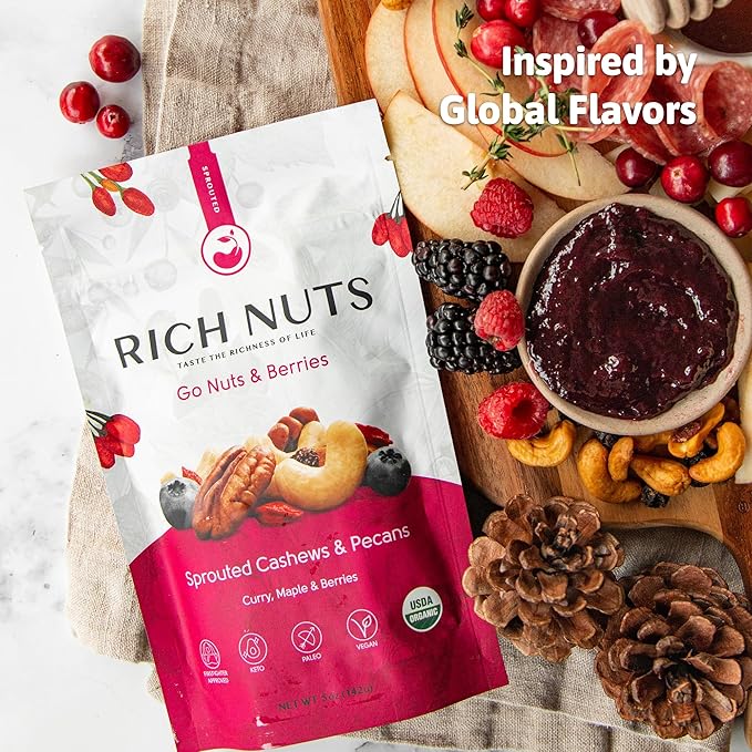 Rich Nuts Variety Pack Sprouted Nuts | Gourmet Flavored Pecans, Walnuts, and Trail Mix | Vegan, Paleo and Keto Friendly | Non-Roasted from Dehyrdated Germinated Raw, Whole Nuts | 4-5 Oz Bags (6 Pack)