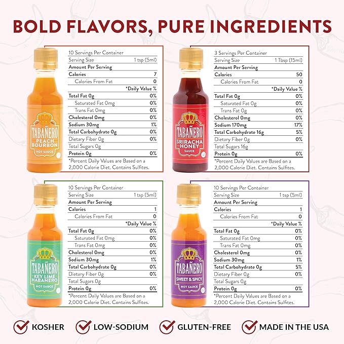 Taba챰ero Variety Hot Sauce Gift Set, 4 Pack, Kit Includes Peach Bourbon, Sriracha Honey, Key Lime Habanero, Sweet & Spicy, 1.7 oz Mini Glass Bottles, All Natural, Gluten Free, Low Sodium, Vegan, Kosher, Made in the USA