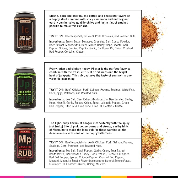 Spiceology ??Derek Wolf Beer-Infused BBQ Rub Set ??Cherry Chipotle Ale, Honey Mustard IPA, Hickory Peach Porter, Imperial Coffee Stout, Jalapeño Lime Pilsner & Mesquite Peppercorn Lager ??6 Pack