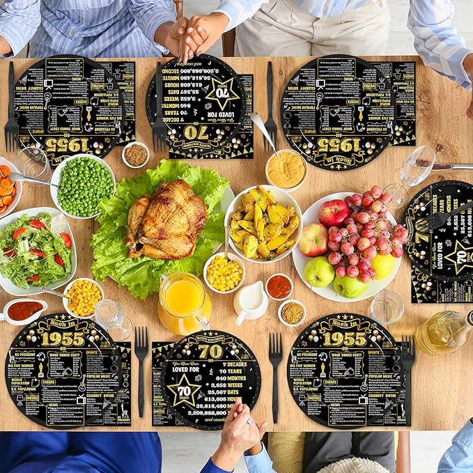 96Pcs 70th Birthday Plates and Napkins Back in 1955 Party Decorations Black Gold 70 Year Old Party Dessert Plates 1955 Tableware for 24 Guests 70th Theme Men Woman Birthday Supplies