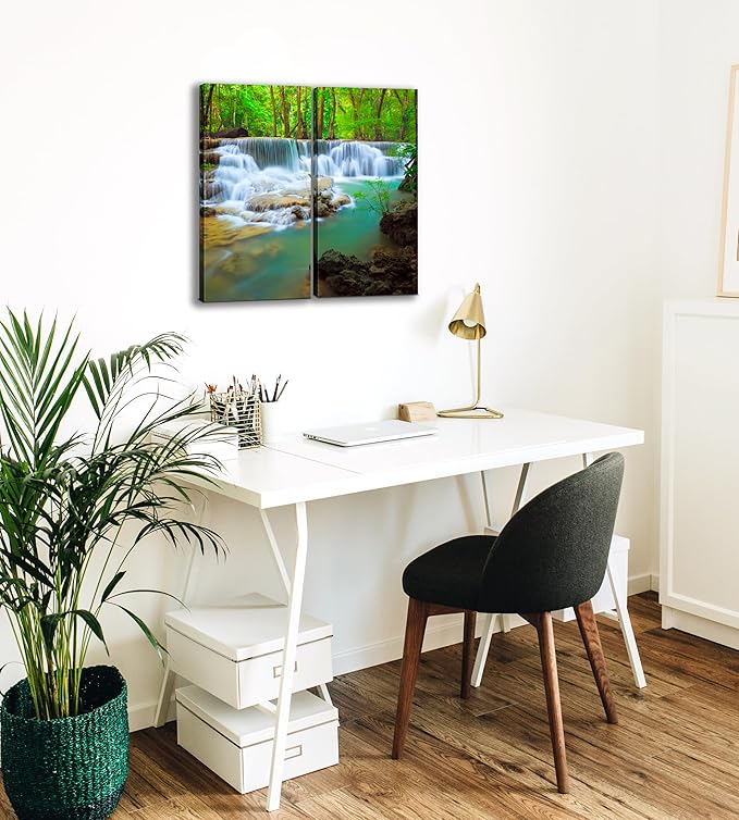 Waterfall Canvas Wall Art Decor - 2 Piece Set, Decorative Multi Panel Split Prints - Forest Landscape Picture for Living Room, Kitchen, Bedroom, Office & Home Decor Gift
