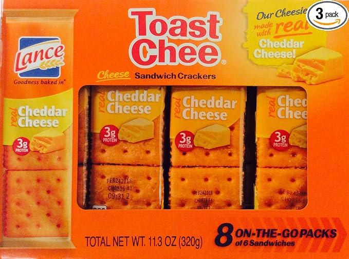 Lance Toast Chee Cheddar Cheese Sandwich Crackers 8 On-The-Go Packs of 6 Sandwiches 11.3 oz (Pack of 3)