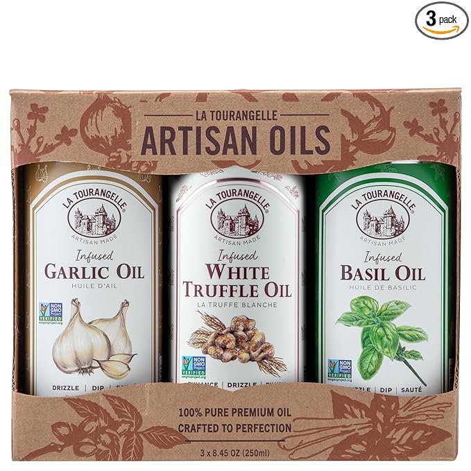 La Tourangelle, Infused Trio of Oils - Basil Oil, Garlic Oil, White Truffle Oil,Complex Gourmet Earthy Flavor for Drizzling over Pasta, Popcorn, Vegetables, Potatoes, Soup and More, 8.45 Fl Oz (Set of 3)