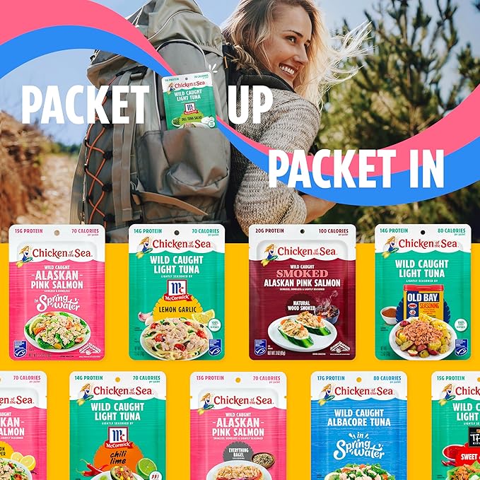 Chicken of the Sea Alaskan Pink Salmon, 2.5 oz. Packets (Box of 12), Wild Caught Salmon, Everything Bagel Seasoning