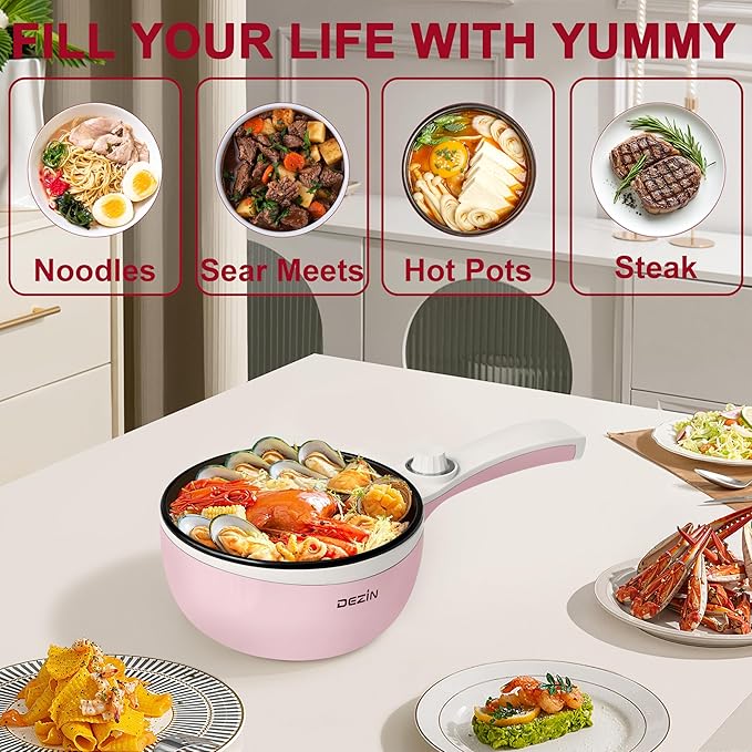 Dezin Hot Pot Electric Upgraded, Non-Stick Saut챕 Pan, Rapid Noodles Electric Pot, 1.5L Mini Portable Hot Pot for Steak, Egg, Fried Rice, Ramen, Oatmeal, Soup with Power Adjustment