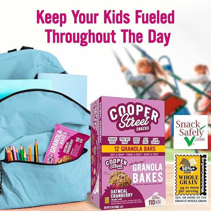 Cooper Street Oatmeal Cranberry Granola Bakes (48 Count) ??Individually Wrapped Soft and Chewy Granola Bars Bulk ??Low Sodium, Nut & Dairy Free - Perfect As Healthy Bulk Office or Classroom Snacks
