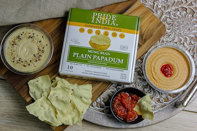 Pride Of India - Mung Bean Plain Papadum Lentil Crisp, 10 count (3.53oz - 100gm) - Plant Based Protein Snack, Gluten-Free Vegan Crackers, Healthy Bean Chips, Traditional Handmade Indian Low Carb Food