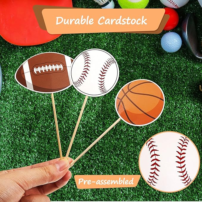 48 Pcs Sports Cupcake Toppers Cake Decorations, Sports Party Cupcake Picks, Baseball Basketball Soccer Football Tennis Volleyball Cake Toppers for Boy Kid Teen Adult Birthday Party Supplies, 6 Styles