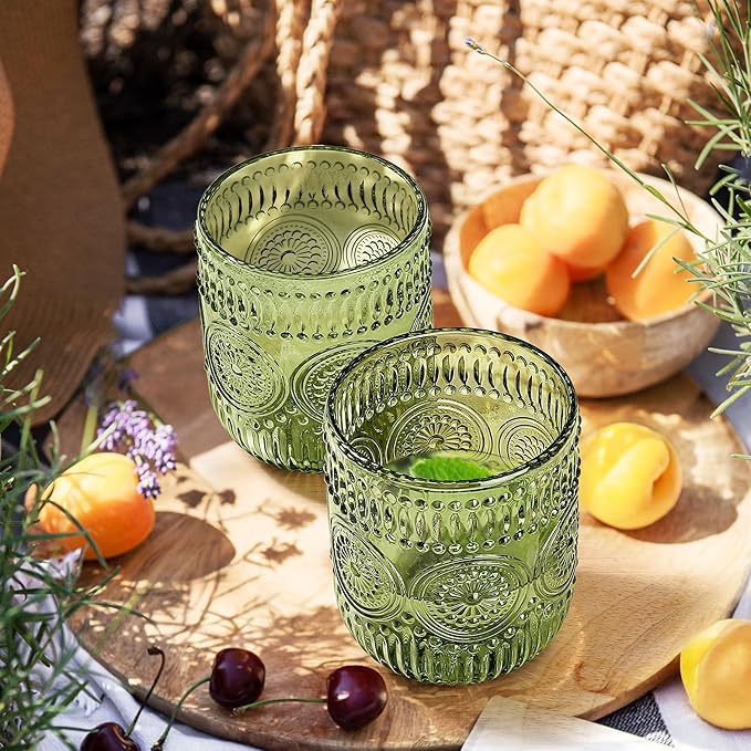 Joeyan Vintage Drinking Glasses Set of 4,9 oz Green Embossed Sunflower Small Water Glass Tumbler Cups,Colored Romantic Beaded Glassware for Beverages Cocktail Juice Wine,Dishwasher Safe
